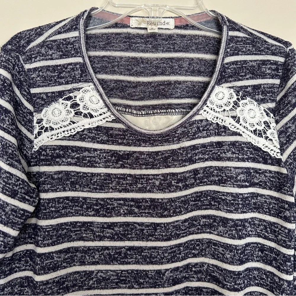 Rewind Women’s Navy & White Striped Lace Accent Crochet Long Sleeve Top